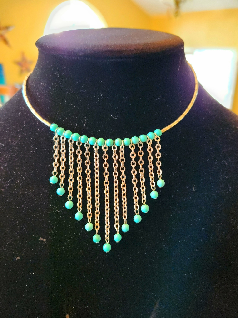 Vintage 925 Sterling Silver Fringe Choker Necklace with Turquoise Beads